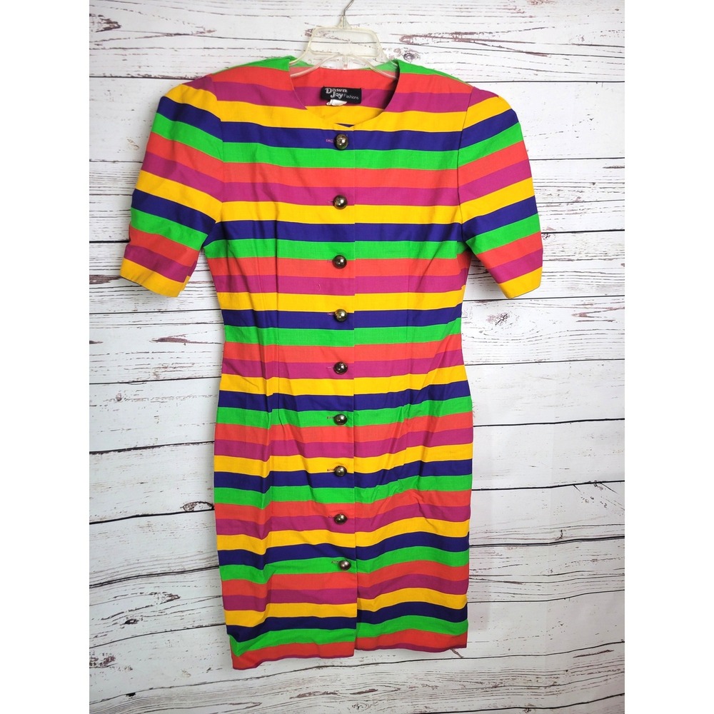 Vtg Dawn Joy Fashions Dress 90s Rainbow Striped Button Front Cotton Juniors 13